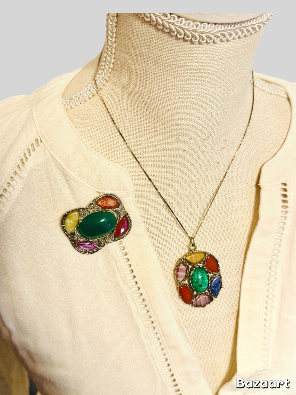 Multicolor Gemstone Statement Pendant Necklace and Brooch Set - Women Jewelry